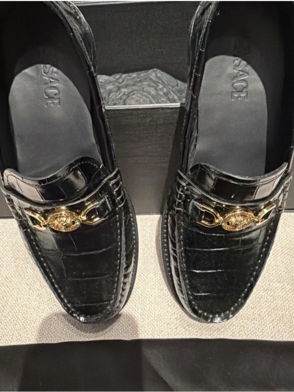 Versace Black Medusa Croc Effect Gold Emblem size size 38